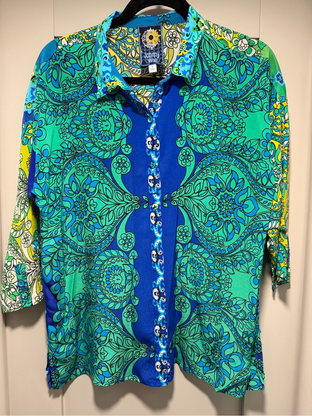 Johnny Was Turquoise, Blue & Yellow Paisley-Print Button Down Shirt